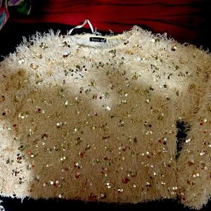 EUC Fluffy sweater with gold embellishments, sold by dry goods, worn once.